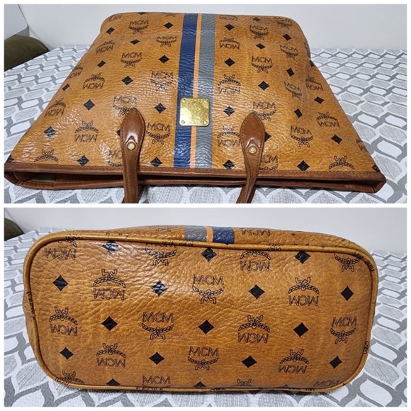 Authentic MCM Visetos Dog Bone Striped Shopper Tote Bag Brown - Picture 7 of 13